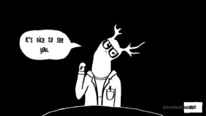 A ghost with glasses and deer horns saying it's nice to meet you.