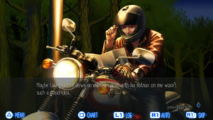 Haruaki driving his motorcycle in Raging Loop.