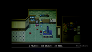 Aya from Mad Father in a kitchen with a dog devouring the food.