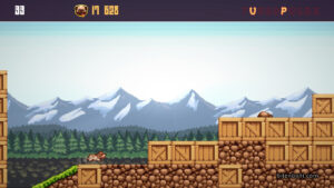 A dog is running on a stage that has a forest and mountains in the background.