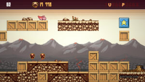 A dog wearing a superhero cape is running on a stage featuring a big blue box with a yellow star on it.