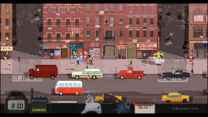 The main character in the middle of the city, surrounded by cars, pedestrians, and buildings.