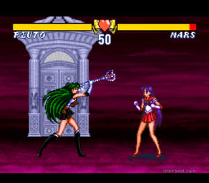 Sailor Pluto versus Sailor Mars in Bishoujo Senshi Sailor Moon S: Jougai Rantou! Shuyaku Soudatsusen.
