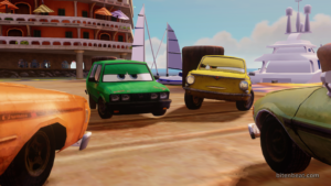 A CG cutscene from Cars 2: The Video Game.