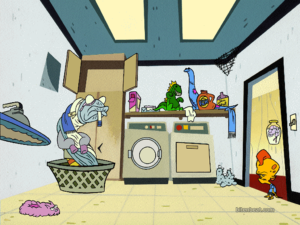 Wesley in the laundry room, looking at a monster made of dirty clothes.