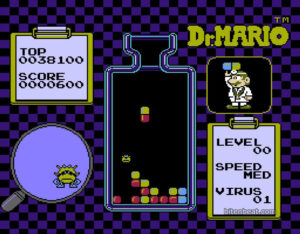 A match in Dr. Mario with one virus left to defeat.