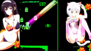 Gameplay footage featuring two manga-style illustrations of girls in Gaijin Charenji 1: Kiss or Kill.