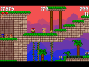 A stage with a red-and-blue gradient sky.