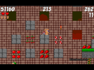 The main character is on a small platform, with many items around.