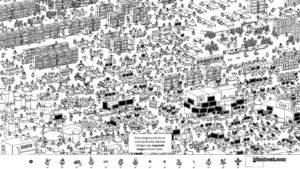 Hidden Folks gameplay in a forest with many campsites.