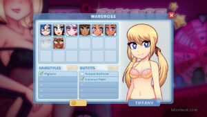Wardrobe screen, showing some unlocked girls and outfits from HunieCam Studio.