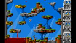 A stage with water covered in blood in Jump 'n Bump.