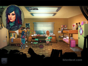 Kathy in her bedroom with her friend.