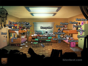 Kathy's bedroom with subtitles on all interactive objects.