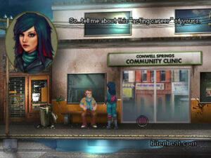 Kathy in front of a community clinic, talking to a man.