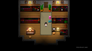 Lucie in a room with two plush bears.