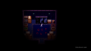Lucie in a room where the message "Get Out" is written on the carpet.