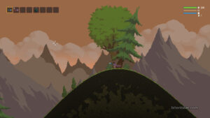 The beginning of the game, with mountains in the backgound, in Noita.