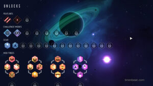 A screen showing several Challenges, Gear, and Mod Trees locked in Nova Drift.