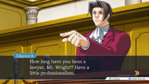 Edgeworth in the courtroom in Phoenix Wright: Ace Attorney - Justice for All.
