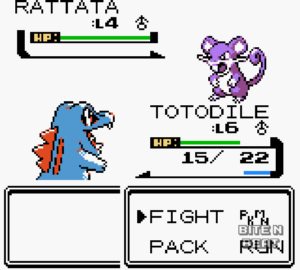 Totodile battling a wild Rattata.