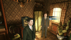 Watson and Sherlock Holmes in a room, in the game Sherlock Holmes: Crimes and Punishments.