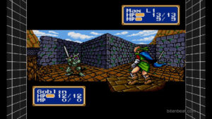 A battle between Max and a Goblin in Shining Force.