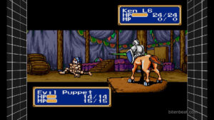 A battle between Ken and an Evil Puppet in Shining Force.