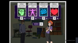 A screen showing health, manipulation, intelligence, and charisma points.