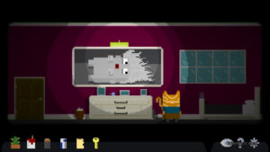 A room featuring a big portrait of a nude pixel-art woman from the world of The Mind of Marlo.