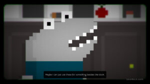 Shark-headed Marlo talking about the clock.