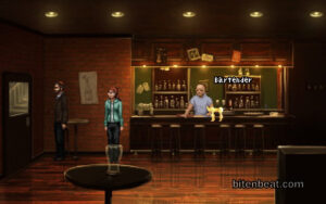 Russell Stone is in a bar, with a subtitle indicating that the bartender can be interacted with.