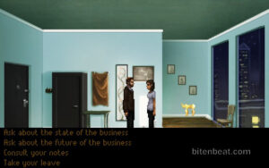 The protagonist is talking to a woman, with four possible dialogue choices.