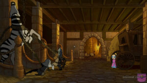 A zebra being held by two men in Tsioque.