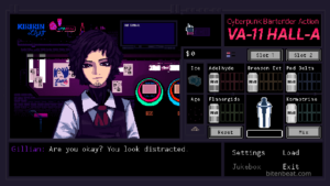 Gillian asking if you're okay in VA-11 Hall-A: Cyberpunk Bartender Action.
