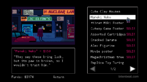 A list of purchasable items in VA-11 Hall-A: Cyberpunk Bartender Action.