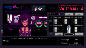 A conversation in VA-11 Hall-A: Cyberpunk Bartender Action.