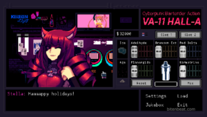Stella wishing you happy holidays in VA-11 Hall-A: Cyberpunk Bartender Action.