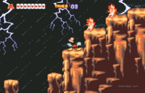 Mickey in the storm, near some walking fire.