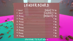 Leaderboard from Buttlympics: Explosive Diarrhea Pole Vaulting.