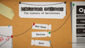 Main menu screen in Chicken Holmes – The Mystery of Bartolomeu.