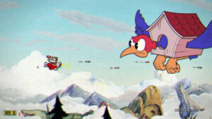 Cuphead shooting a cuckoo enemy.