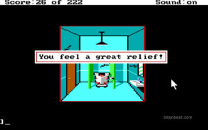 Larry relieving himself in a restroom in Leisure Suit Larry in the Land of the Lounge Lizards.
