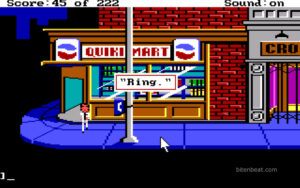 Larry walking down the street in Leisure Suit Larry in the Land of the Lounge Lizards.