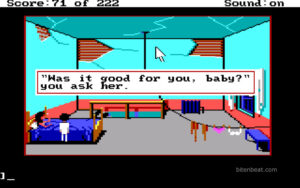 Larry talking to a woman in Leisure Suit Larry in the Land of the Lounge Lizards.