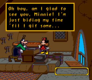 Minnie talking to Goofy in Mickey's Ultimate Challenge.