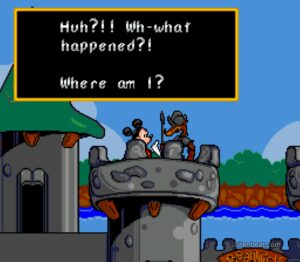 Mickey talking to the guard in Mickey's Ultimate Challenge.