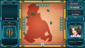 A stage with an uncovered image in the background in Mokoko X.