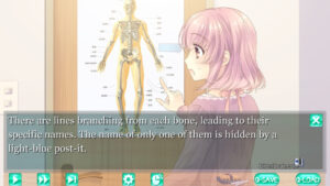 Asuka looking at a skeleton poster in Nurse Love Addiction.