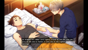 Seiji wrapping a rubber cord around Daichi's arm in Room No. 9.